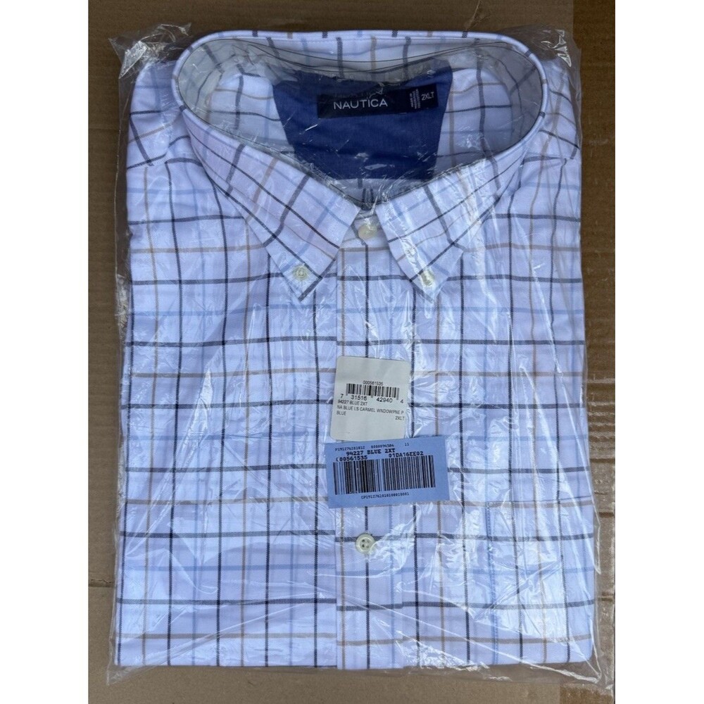 NWT Nautica Men 2XLT Long Sleeve Button Dwn Blue/Caramel/White Windowpane Cotton